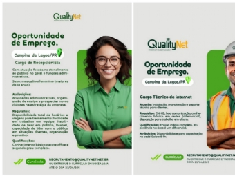 Oportunidade de Emprego na QualityNet!  Qualitynet est contratando recepcionista e tcnico em Campina da Lagoa/PR!